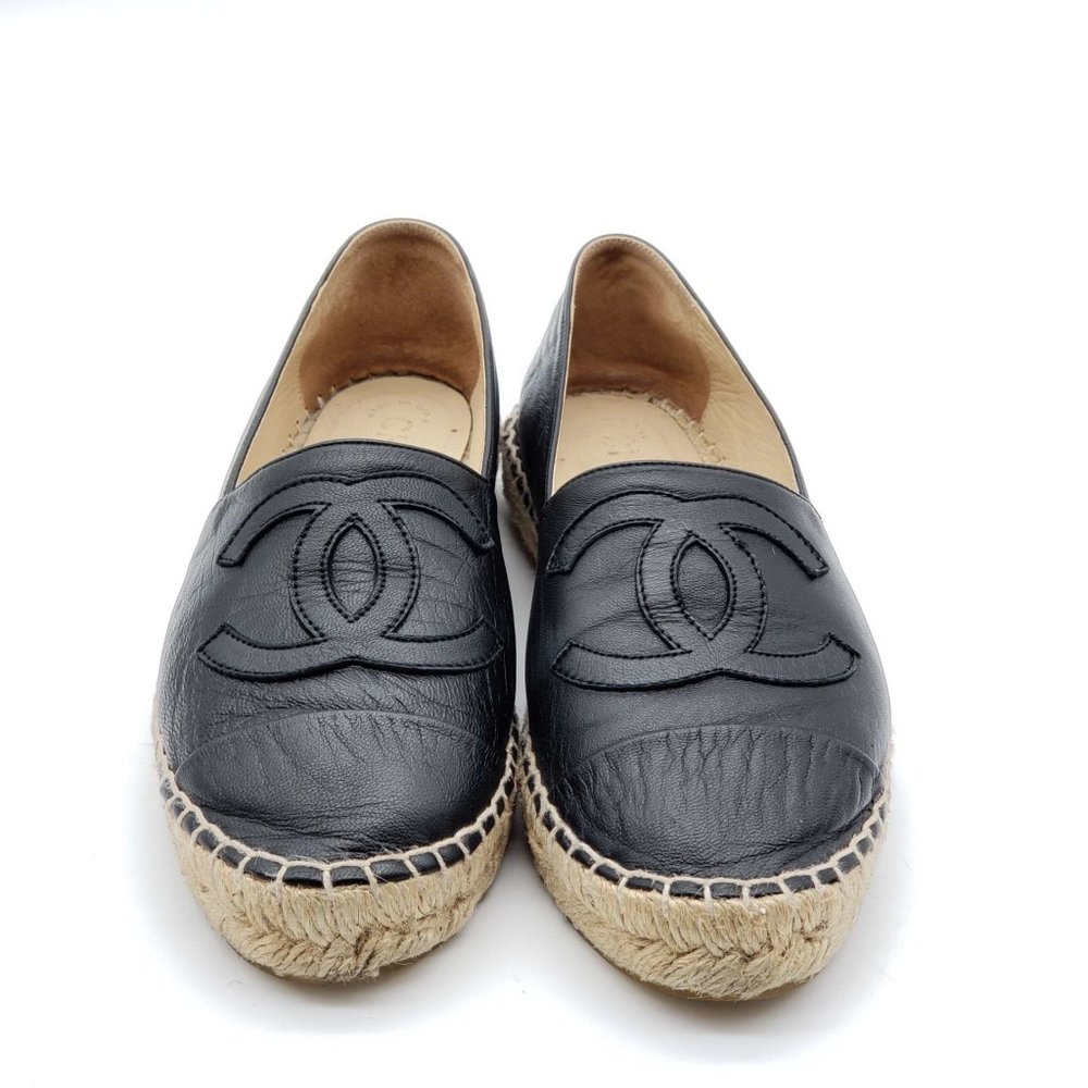 100% Authentic Chanel CC Lambskin Black Espadrille Shoes - Picture 4 of 13